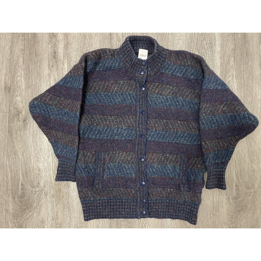 St Michael Cardigan Sweater Women's UK 14 US 12 Wool Blue Striped Vintage